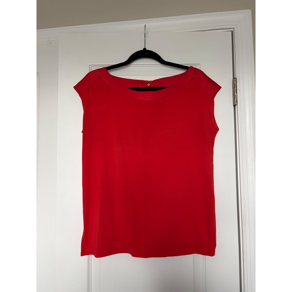 Ann Taylor Womens Red Cap Sleeve Knit Top Satin Trim Gold Button Back Size M